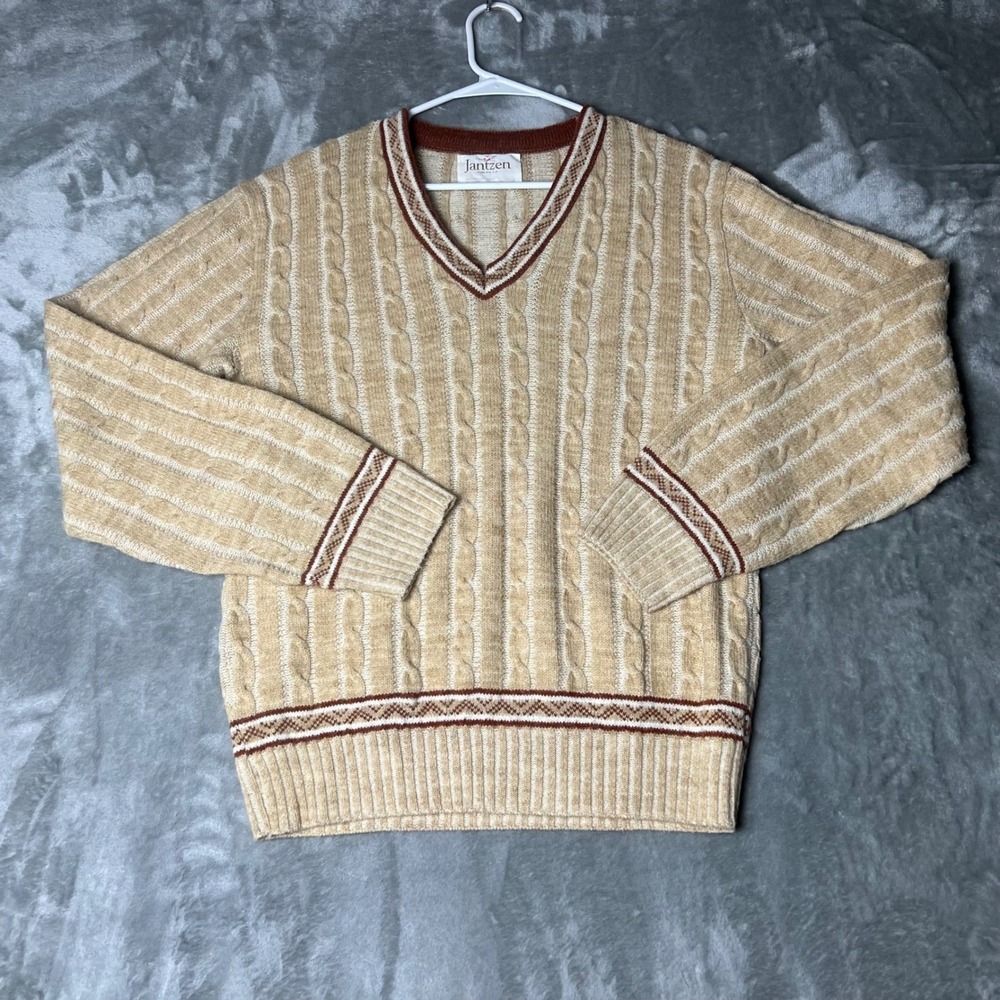 Jantzen‎ Mens Cable Knit V Neck Sweater Tan Brown Trim Size Large
